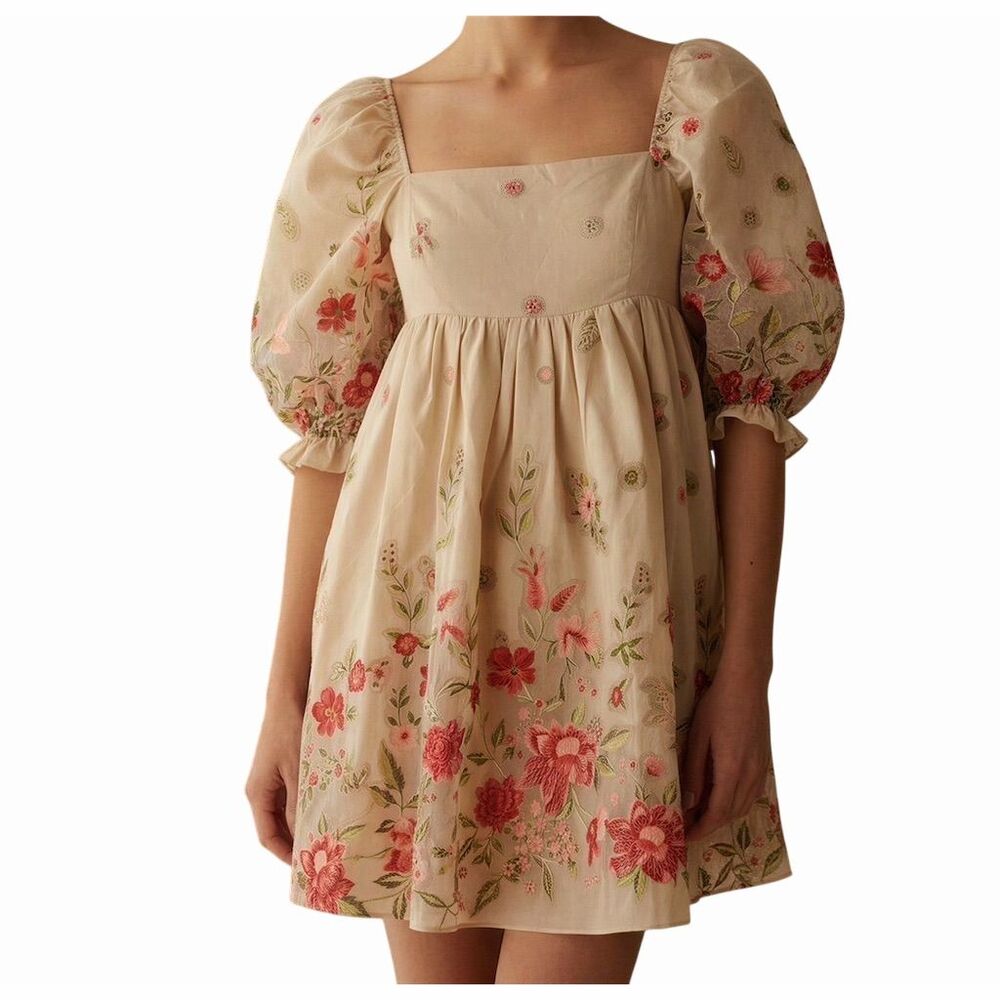 Storia Floral Embroidered Mini Dress - Cream and Pink